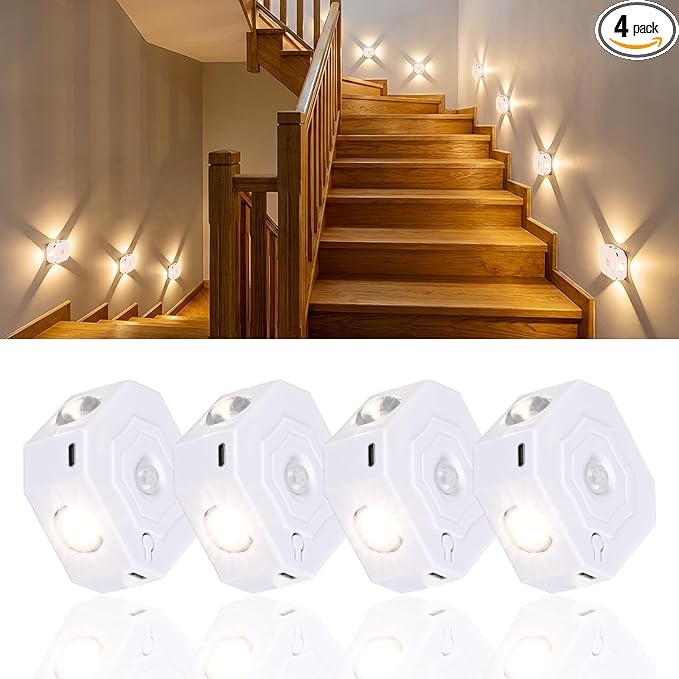 Motion Sensor LED Night Lights 4 Pack, Indoor Rechargeable Stair Lights, Magnetic Installation, 3 Color Temp Dimmable, Wireless Wall Sconce for Hallway Closet Bathroom Cabinet