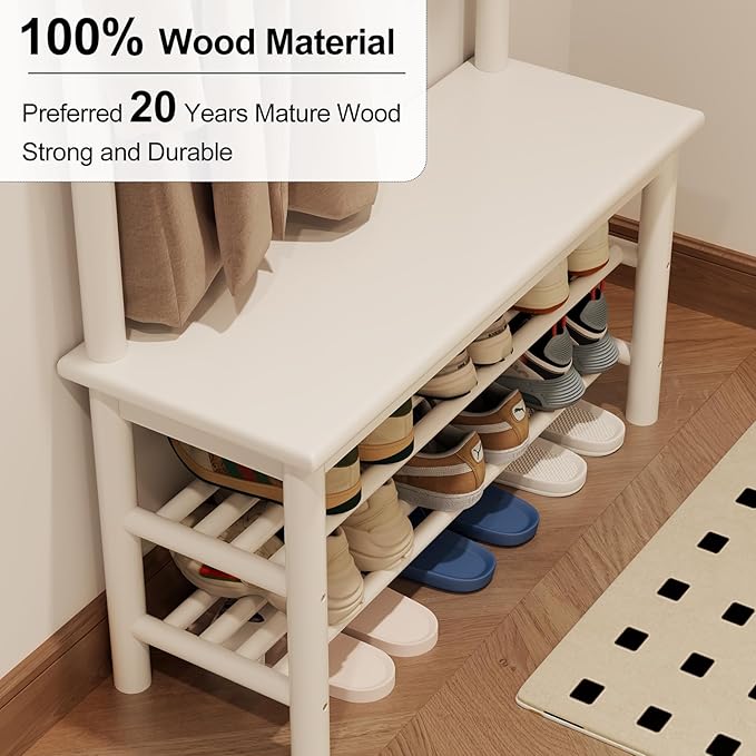 AQIMUELE Coat Rack with Shoe Storage, Wooden Hall Tree with Bench, 11 Hooks and 2-Tier Storage Shelves, 3-in-1, Entryway Bench with Coat Rack (31.5"-White)