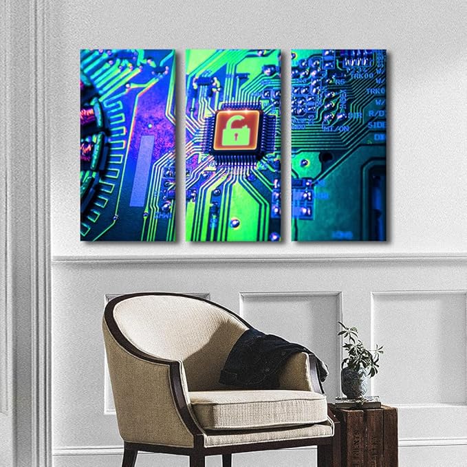 Canvas Wall Art Wall Decor Information Technology 3 Piece Technology Wall Art CPU Concept Contemporary Home Decor for Office Canvas Art Circuit Board Poster Printings Framed Ready to Hang(24"Wx36"H)
