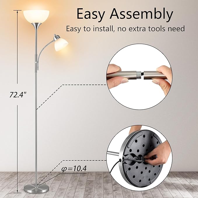 Floor Lamp, Dimmable Standing lamp, Stepless Dimming Brightness, Included 9W and 5W LED Bulbs, Industrial Floor Lamp for Living Room, Bedroom, Office, Reading