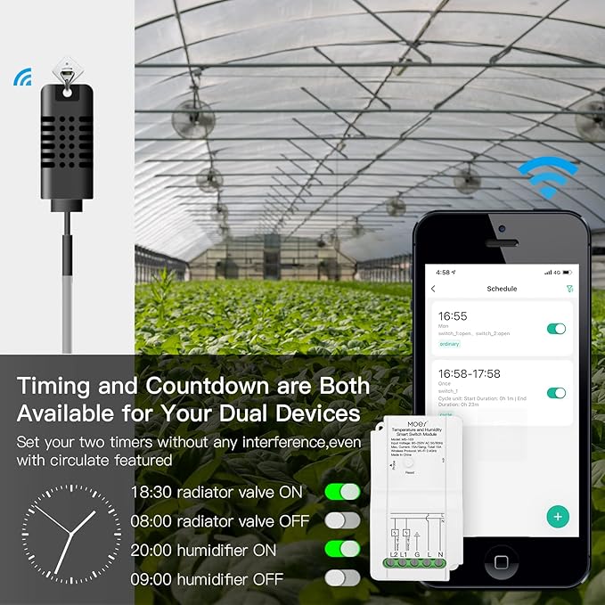 MOES WiFi Smart Temperature and Humidity Switch Module Sensor, Dual Relay Output Controller, Smart Life Tuya App Wireless Remote Control, Programmable Thermostats Kit Works with Alexa Google Assistant