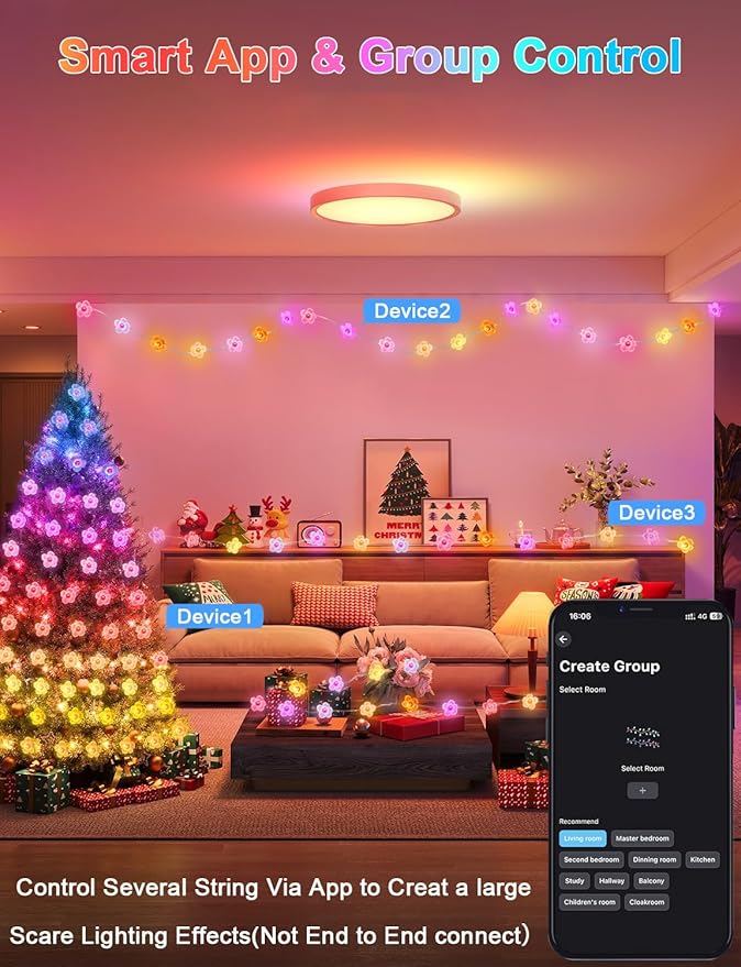 echosari Cherry Blossom Flower String Lights, 33ft 16 Million Color Chaning Fairy Lights Plug in APP & Remote Control DIY Music Sync Flower Light for Bedroom Dorm Wedding Decor