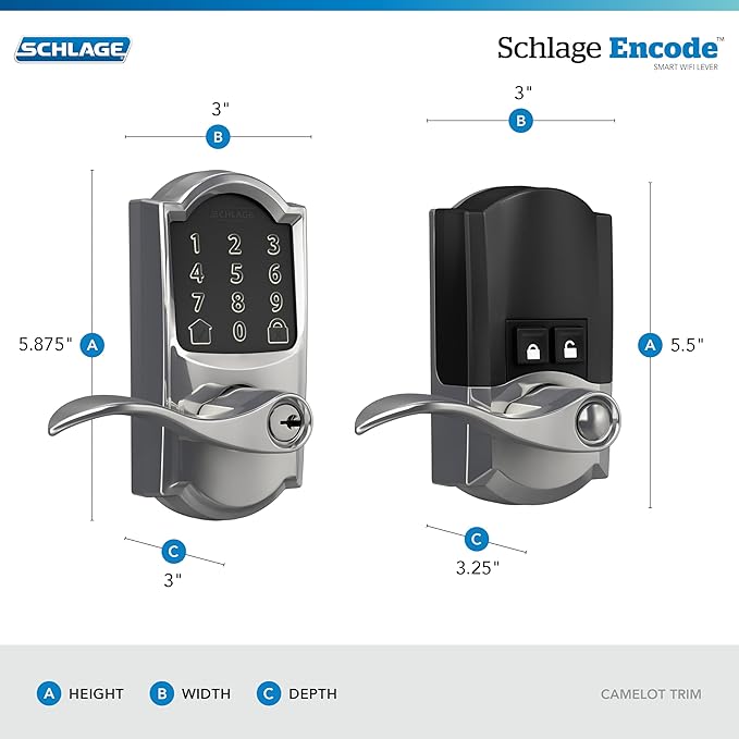 Schlage Encode Smart Wi-Fi Lock with Lever Handle, Touchscreen Keypad, Keyless Entry Door Lock, App Control, Alexa, Google Home and Airbnb Compatible, Bright Chrome, FE789WB CAM 625 Acc