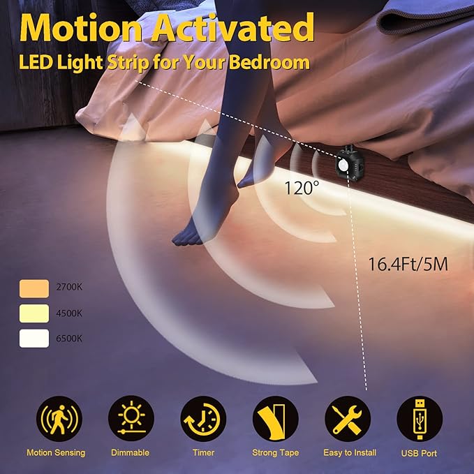 Motion Sensor LED Light Strip, Motion Sensor Light Indoor Closet Lights, 2700K-6500K White Dimmable Led Strip Lights for Bedroom, Kitchen, Stair Motion Activated, 2PCS