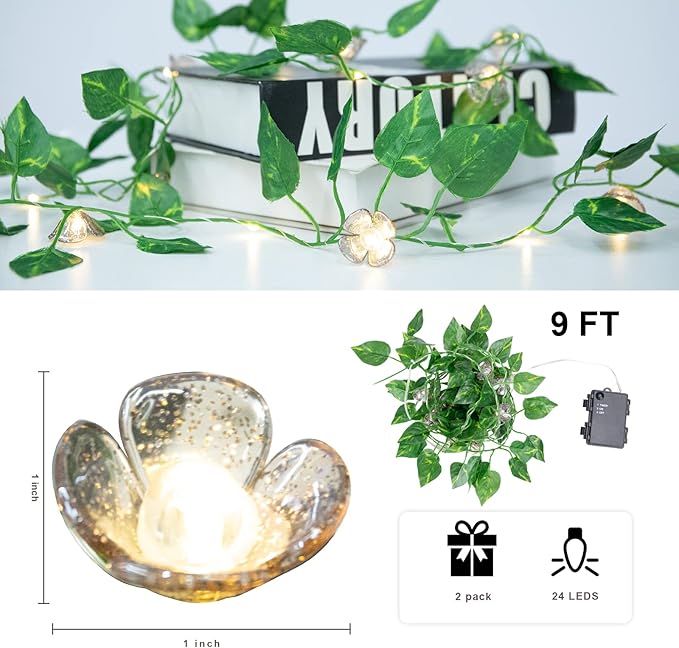 Vigdur 2 Packs Vine String Lights - Tiny Leaf Ivy String Lights with 48 Flower Lights Battery Powered Waterproof Fairy Light Indoor Outdoor for Bedroom Party Garden Wall Décor St. Patrick's Day