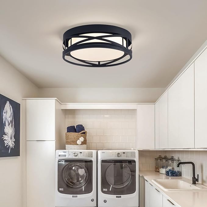 Modern LED Ceiling Light Fixture, Square LED Flush Mount Hallway Light Fixtures, Farmhouse Black Close to Ceiling Light for Hallway Bedroom Balcony Porch Stairway Ceiling Lamp (Round, 3000K)