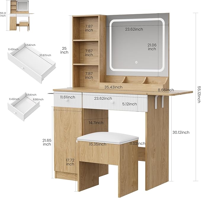 GarveeHome Foldable Makeup Vanity with Lighted Mirror, Vanity Desk with Power Strip, Adjustable Lighting, Drawers and Cushioned Stool, Foldable Panel for Compact Space Bedroom, Natural