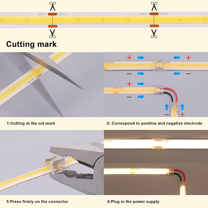 48V COB LED Strip Light 65.6ft, 4000K Natural White Flexible Cuttable LED Tape Lights 8W/M 480LEDs/M CRI 92 with AC 110V Power Supply for Bedroom Ceiling Living Room Commercial