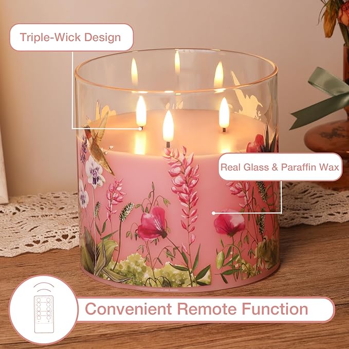 Eywamage 3 Wick Flameless Candle with Remote, Pink Hummingbird Floral Glass LED Candle, Large Battery Pillar Candle Φ 6" H 6"