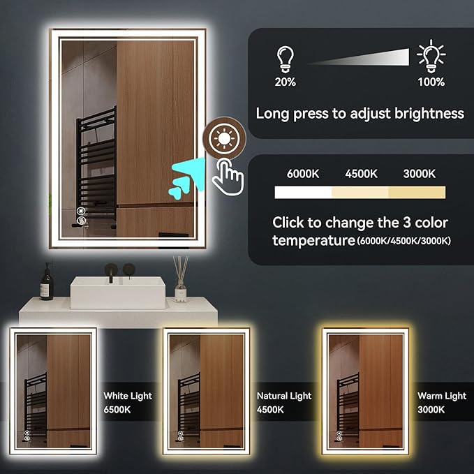 2 Pack 24“ x 32” LED Bathroom Mirror Fogless LED Mirror for Bathroom Dimmable 3 Colors Bathroom Mirror with Lights Smart Mirror Memory Function Wall Mounted Horizontal/Vertical
