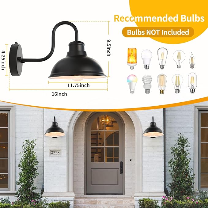 12" Outdoor Barn Gooseneck Light 2 Pack, Large Exterior Wall Sconce, Black Classic Farmhouse Industrial Wall-Mounted Barn Light Fixture for Garage/Porch/Patio