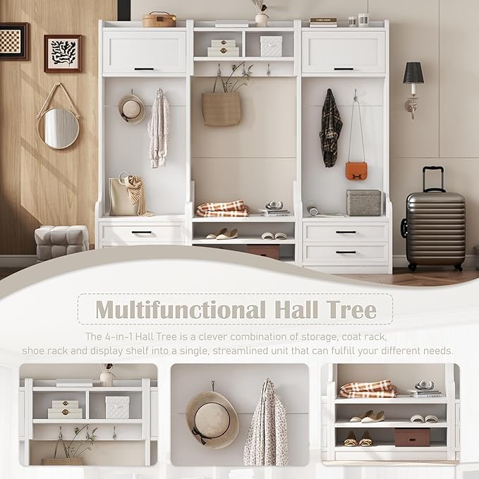 Bellemave Wide Hall Tree with Storage Bench, Wood Coat Rack with 4 Drawers and 7 Hooks, Detachable Mudroom Organizer with Shoes Storage Shelves for Entryway Hallway, White