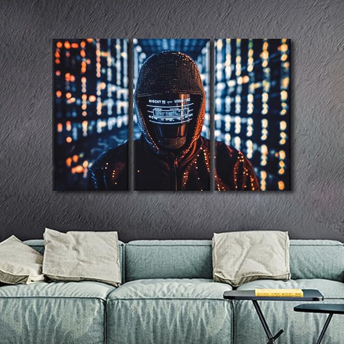 TUMOVO 3 Panel Canvas Wall Art Hacker in Mask on Dark Background with Digital Effects Posters and Prints for Living Room Bedroom Wall Decoration, Stretched Framed Ready to Hang, 60" Wx40 H
