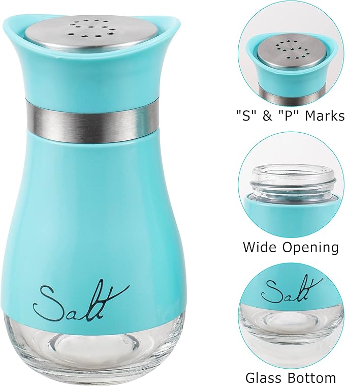 Lonffery Salt and Pepper Shakers, Stainless Steel and Glass Bottle, Set of 2, Turquoise