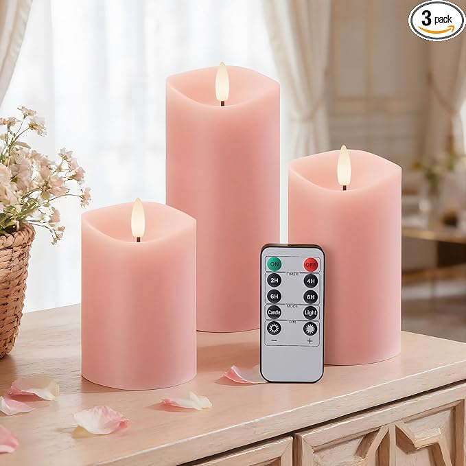 Pink Flameless Candles with Remote and Timer, Real Wax Made LED Pillar Candles Battery Operated with 3D Flickering Flame Melted Edge, 3" x 4",5",6", Set of 3 (Pastel Pink)