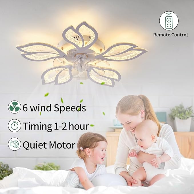 Ceiling Fan with Lights Remote Control, White Bladeless Ceiling Fan with Light, 6 Speeds 3 Light Color Low Profile Ceiling Fan for Kitchen Bedroom