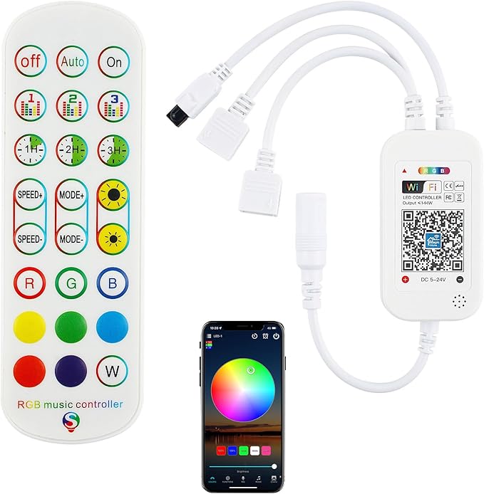 Smart WiFi & IR Dual-Control RGB LED Controller - 2.4GHz/Infrared Wireless, 2-Channel 4-PIN Output with Music Sync, Compatible with 5050/3528 LED Strips