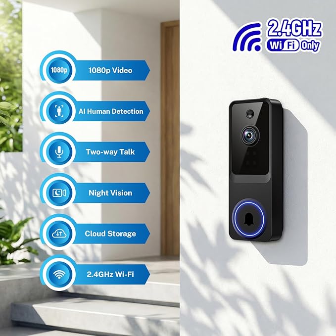 1080P Wireless Home Security Doorbell Camera with Receiver，AI Human Detection，Real-Time Alerts，2-Way Audio，Battery Powered，Night Vision，Cloud Storage, 2.4Ghz Wi-Fi