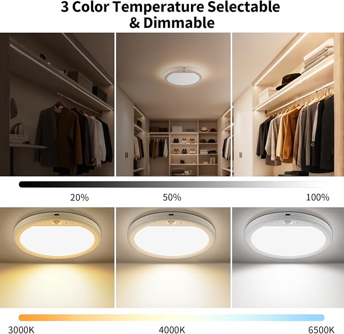 Meliya Rechargeable Motion Sensor Ceiling Light with Remote, 3000K 4000K 6500K Magnetic No Wiring LED Ceiling Light Battery Powered for Shower Stairs Hallway Porch Pantry Garage Patio Shed
