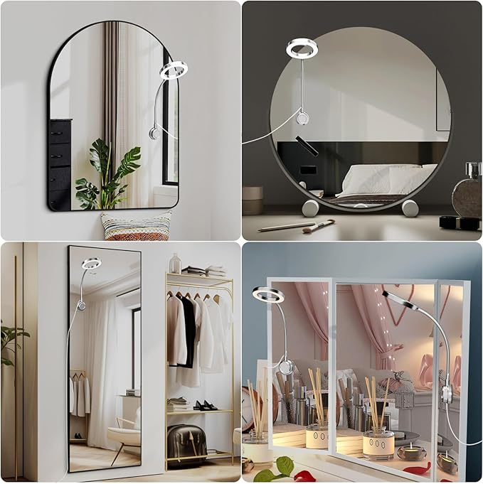 Suction Cup LED Vantiy Lights for Mirror, Flexible Gooseneck Stick on Selfie Ring Light for Makeup Vanity Table & Bathroom Mirror, 3 Color Modes & 10 Brightness, Plug in, Silver