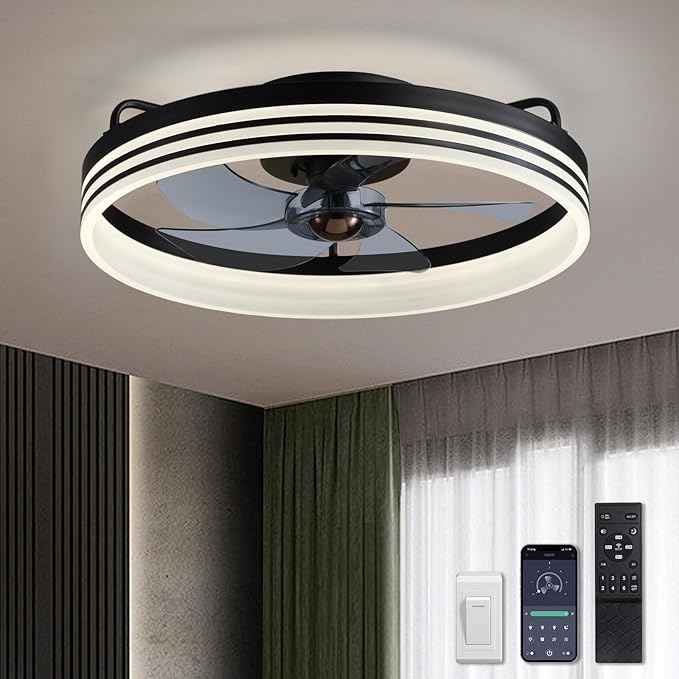 Ceiling Fan with Light, Flush Mounted Ceiling Fan with Lights, 6 Wind Speeds Smart Low Profile Fan for Bedroom, Kids Room and Living Room 20" (Black)