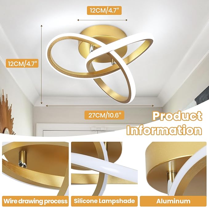 CANEOE Modern Led Ceiling Light Fixture,6000K Gold Led Hallway Light Fixtures Ceiling Lamp for Hallway Bedroom Bathroom Kitchen Balcony Stair Aisle Ceiling Lamp Curved Design (Gold, 6000K)