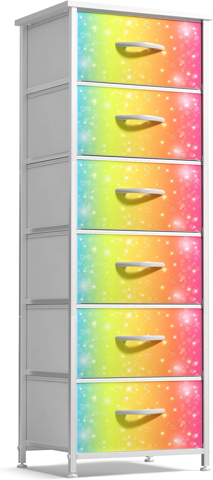 Sorbus Kids Dresser with 6 Drawers - Storage Chest Organizer Nightstand - Steel Frame, Wood Top, Tie-Dye Fabric Bins for Clothes - Wide Furniture for Bedroom, Hallway, Nursery, Closet, & Apartment