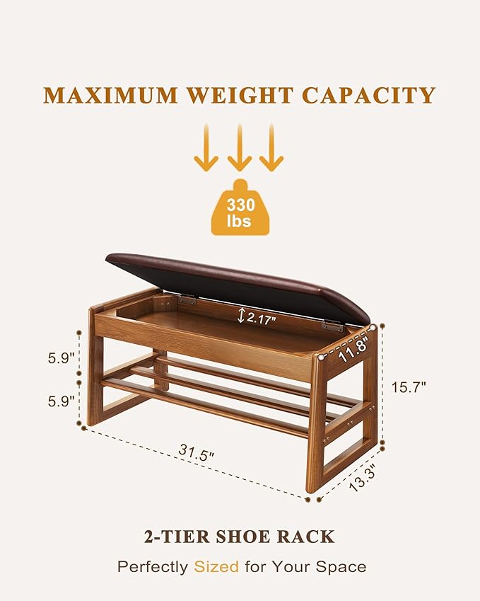Shoe Rack Bench with Hidden Storage, 2-Tier Solid Rubberwood Entryway Bench with Soft Leather Cushioned Seat & Flip-Top Storage, 330lbs Capacity, Wooden Shoe Organizer for Hallway, Closet, Foyer