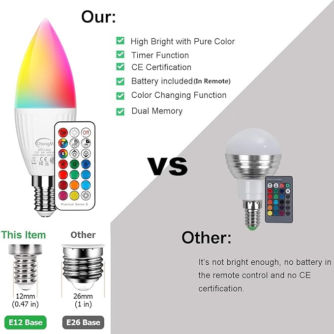 E12 LED Candelabra Light Bulbs 5W, Set of 6 Color Changing Candle Bulbs,Small Base B11 40W Incandescent Equivalent, 560 Lumen, RGB + 2700K Warm White, 12 Colors, 2 Modes, Timer, Remote Control
