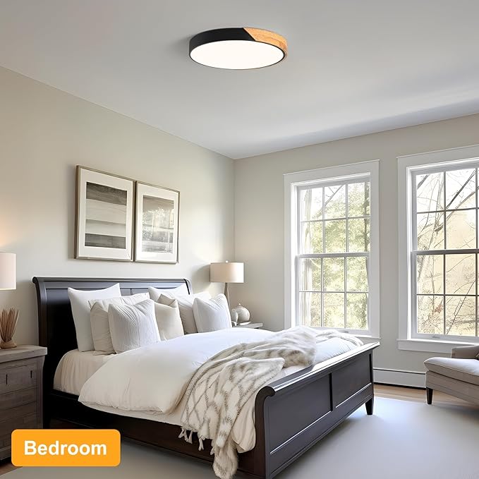 Vikaey Modern LED Ceiling Light, Minimalist Wood Flush Mount Ceiling Light Fixture, 4000K Not Dimmable, Circle Lighting Lamp with Acrylic Lampshade for Bedroom Dining Room Laundry (Black,15.8")
