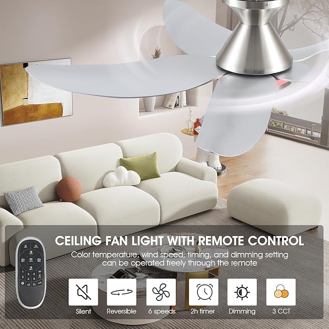 46" Ceiling Fans with Lights Remote/APP Control, Low Profile Ceiling Fans with Dimmable White Colors+Ring RGB Lights, 6 Speeds 5 Reversible Curved Blades for Kids Room Bedroom Living Room Bar, Nickel