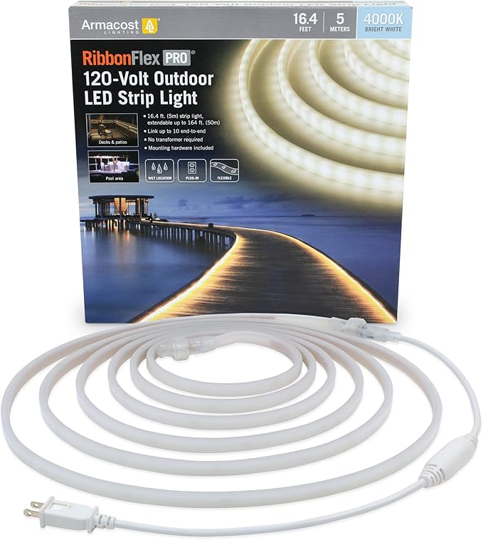 Armacost Lighting RibbonFlex Pro Outdoor 16.4 ft 120V Plug-in Bright White 4000K LED Strip Light Kit 159430