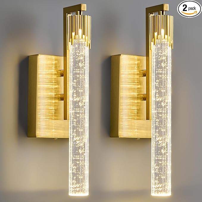 Gold LED Wall Sconce Set of Two with Bubble Crystal Stick Wall Light Modern Bathroom Vanity Light Fixture for Bedroom Bedside Hallway