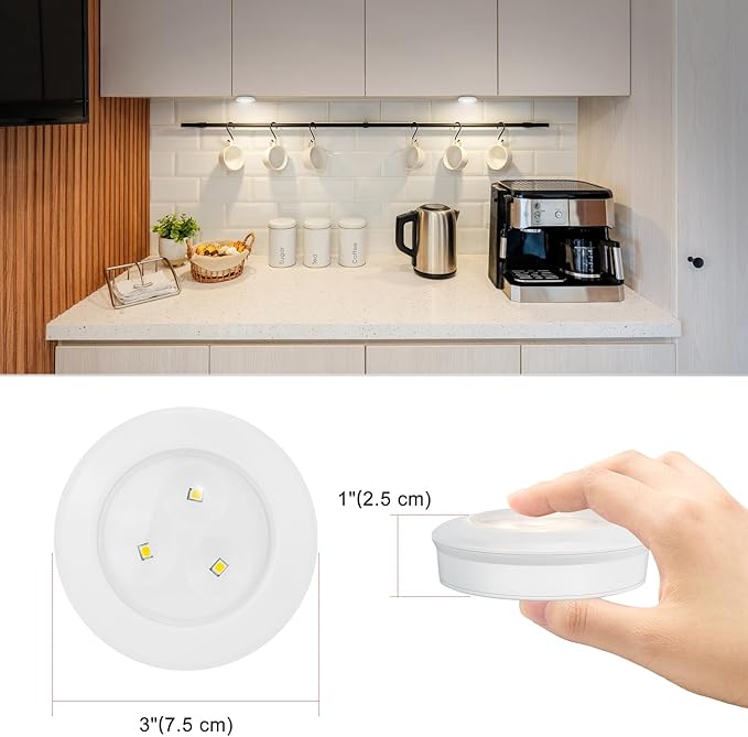 Wireless LED Puck Lights, Touch Activated Tap Ligh Push Light, Battery Operated Stick On Lights for Under Cabinet, Kitchen, Closet & Counters, 3-Pack, White (Included 3AAA Batteries)
