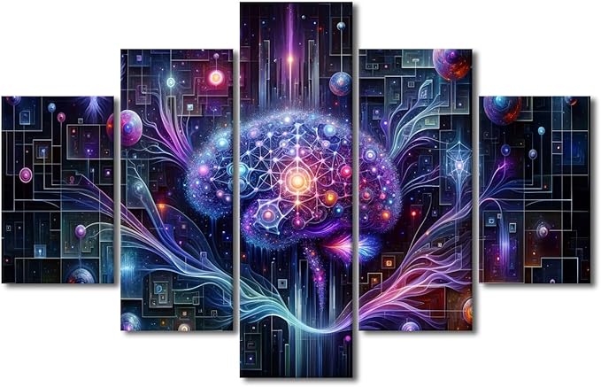 5 Panel Digital Brain Canvas Wall Art for Bedroom Neurological Data Analysis Painting House Decorations Technology Print Artwork Canvas Framed Artwork for Walls Posters framed Ready to Hang 60"Wx40"H