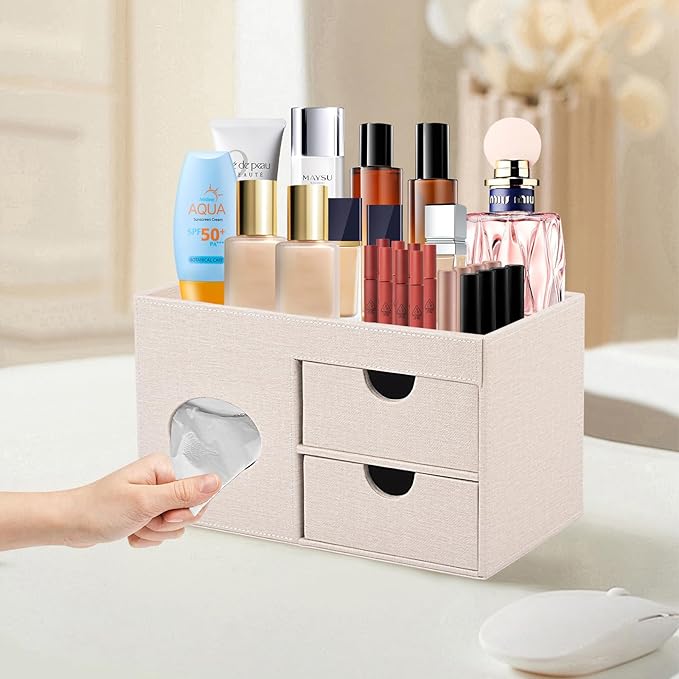 Square Tissue Box Cover with Drawers,Tissue Box Holder with Storage Tray, Makeup Organizer and Desk Organizer,Tissue Holders Decorative for Bathroom Vanity NightStand Dressing Table (Beige)