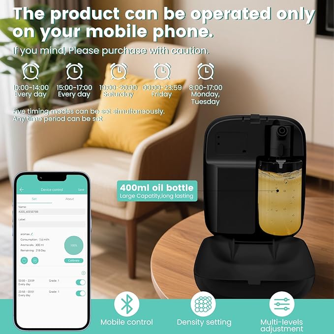 2026 Upgraded 2000 Sq.Ft Coverage HVAC Waterless Essential Oil Diffuser with Bluetooth Control, 400ML Smart Scent Air Machine for Home, Hotel, Whole House, Cold Air Tech (No Oils) Black