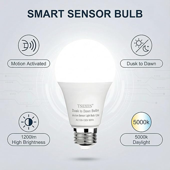 12W Motion Sensor Light Bulbs (100W Equivalent), 5000K Daylight, Motion Activated Light Bulb with Dusk to Dawn Sensor for Outdoor & Indoor,Porch, Stairs, Hallway, 4-Pack