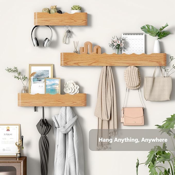 Coat Rack Wall Mount Entryway Organizer Modern Key Holder Wall Mount with Wooden Shelf Entryway Hooks for Bedroom Kitchen Hallway Bathroom for Hanging Coats Hats Dog Leashes Bags Towels