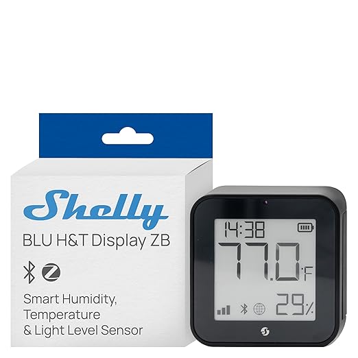 Shelly BLU H&T Display ZB Black, Bluetooth & Zigbee Operated Temperature & Humidity Levels Sensor, E-Paper Display, Home Assistant, Alexa, Google Home, Real-Time Monitoring, Long-Life Battery