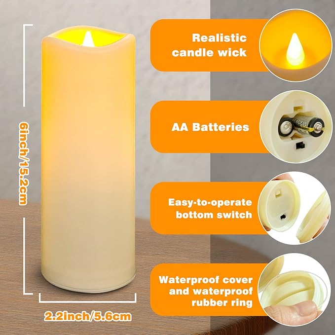 YIWER Outdoor Flameless Candles, Battery Operated LED Pillars Candle, Electric Fake Waterproof Candles Set of 1 with Remote, Halloween, Christmas Decorations