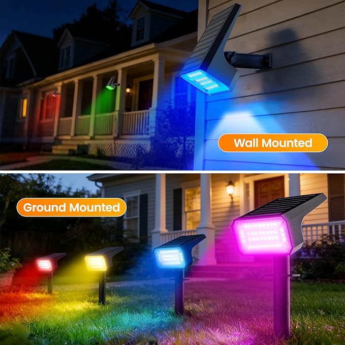 Fabrito Color Changing Solar Spot Lights Outdoor 10 Pack, [6+1 Lighting Modes] Auto On/Off RGB Spotlights, Waterproof Multicolor Landscape Lights for Garden, Tree, Halloween, Christmas