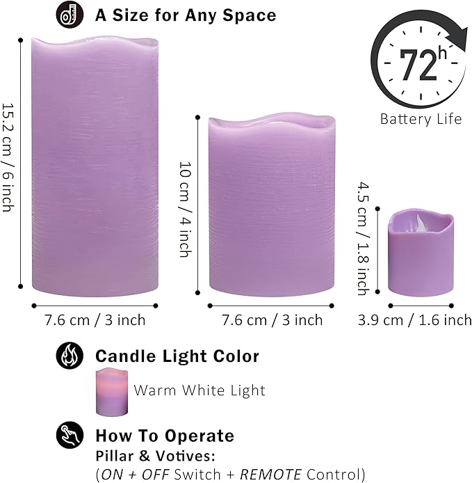 FURORA LIGHTING Purple Real Wax Flameless Candles with Remote and Timer, 4 Pillars and 4 Votives Pack of 8, LED Flickering Candles for Home Décor, Battery Included
