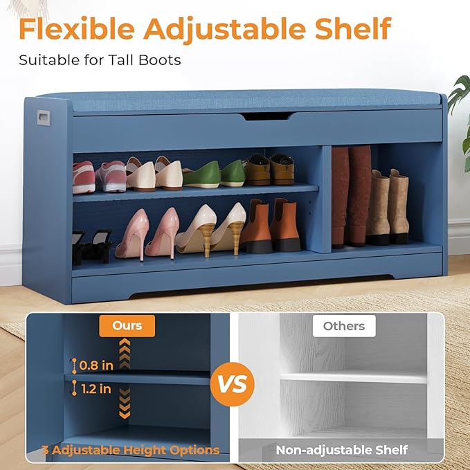 Farmhouse Shoe Storage Bench with Cushion Seat, 3-Tier Entryway Bench with Lift Top Storage and Adjustable Shelf, Bench for Hallway, Bedroom, Blue
