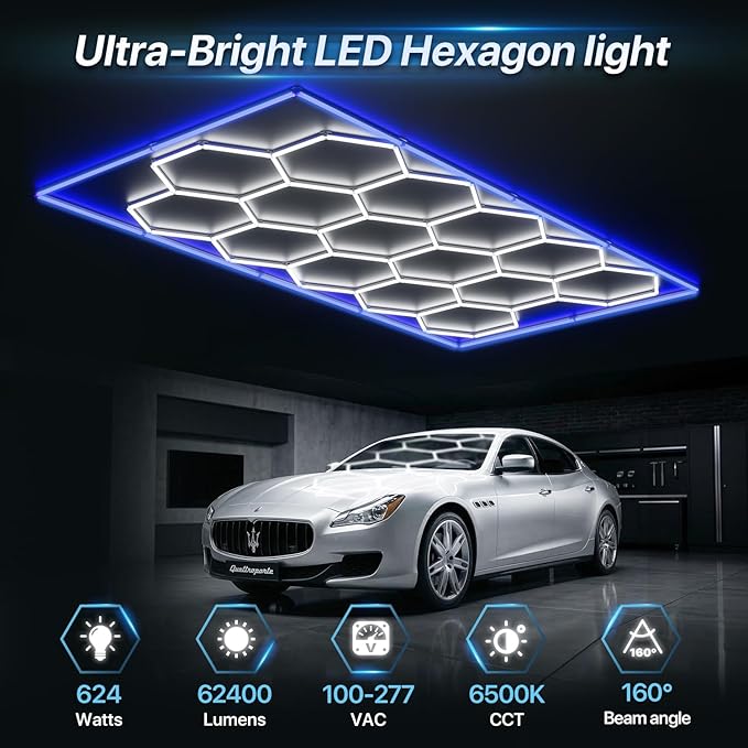 HYPERLITE Gen 2 Hexagon Garage Lights: 15 Grids with Border DIY Hexagon Led Lights, 6500K Ultra Bright, Easy Install Hex Light, Durable Design for Garage, Car Detailing, Workshops, Gym(Blue)