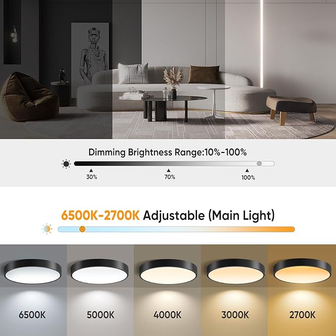 13 Inch Flush Mount Ceiling Light with Remote Control & Night Light, 5CCT Dimmable Ceiling Light Fixture, 25W 2500LM 2700K-6500K Adjustable LED Ceiling Lights for Bedroom Kitchen, Black