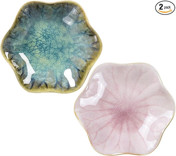 2Pcs Ceramic Jewelry Dish - Lotus Leaf Shape, for Ring Holder Necklace Small Key, Suitable for Mother Friend Sister, Gifts for Women, Cute Plate Trinket Tray, Home Decor (Crystal Green & Pink)