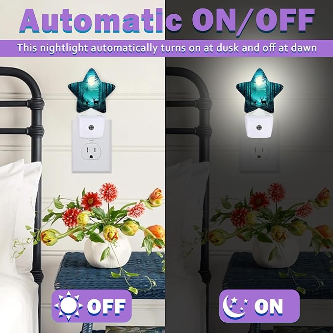 Night Lights Plug Into Wall Decorative,Fantasy Forest Deer Nightlights for Kids Bedroom, Starry Moon Night Energy Efficient Dusk-to-Dawn Sensor Sleep Friendly Lamp for Nursery Bathroom