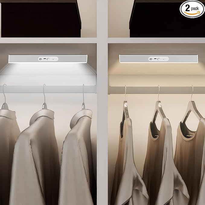 90 LED Closet Lights Motion Sensored with Eye-Protection Design, Rechargeable LED Wardrobe Lighting with Remote and Magnetic, 3000mAh Cabinet Light Battery Operated for Pantry Wardrobe, 18inch