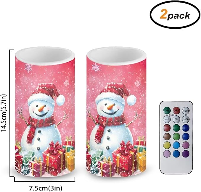 Flameless Pillar Candles Christmas Decorations Snowman Pink Snowflake Flameless Candles with 18-Key Remote Timer for Home Bedroom Living Room Dining Room Table Decorations Set of 2